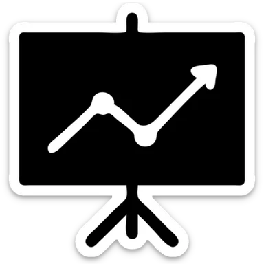 Minimalist icon of a presentation with a graph, solid black fill, transparent background. The graph has one straight ascending line. sticker