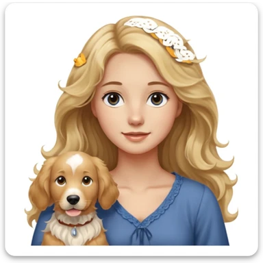 20-year-old woman with very long, wavy, blonder dirty blonde hair with brown highlights and dark blue eyes, standing with an English cream golden retriever, sunset background, friendly and warm scene sticker