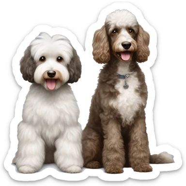 Brown and white poodle beside a grey aussiedoodle sticker