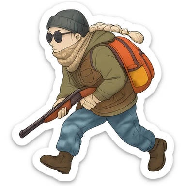 1 female, long white braid, knit cap, dark sunglasses, shemegh neckwrap, fishing vest, vibrant shool backpack, drab hoodie, handwraps, blue camo pants, Blaser Bbf-95, hunched over, on the move sticker