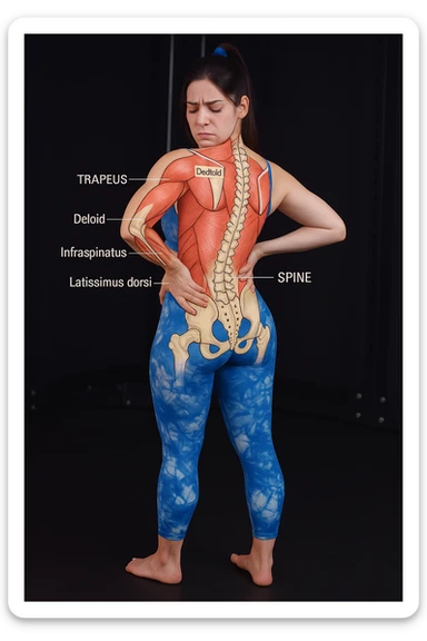 A woman with back pain, add an anatomically highlighted back on the body, variant 4, in a style suitable for editing and anatomical clarity. sticker