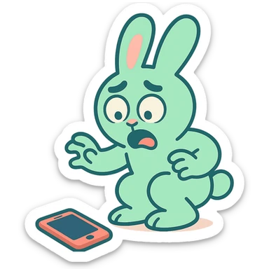 mint bunny shocked looking at phone on ground, pastel-toon style sticker