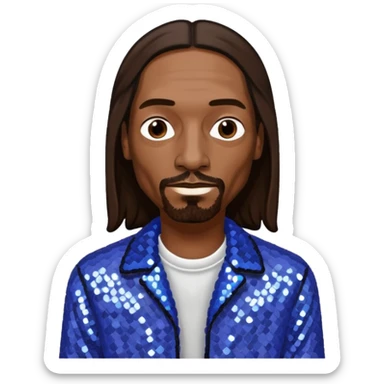 Snoop Dogg with long dark brown hair, periwinkle sequin outfit sticker