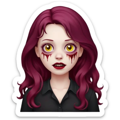 Faça me um emoji de um zumbi mulher de cabelos vermelho borgonha longos ondulado usando uma blusa preta, faça no estilo iphone sticker
