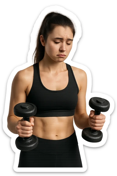 DONNA FITNESS CON MANUBRI DA PALESTRA IN MANO ED ESPRESSIONE TRISTE sticker