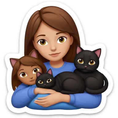 white girl with brown hair resting two black cats snuggled close emoji style sticker