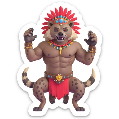 A native strong buff hyena with war bonnet flexing posing full body  sticker