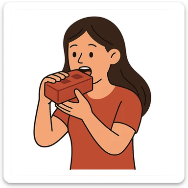 flat toon style woman eating a brick sticker