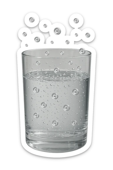 un bicchiere di acqua fluttua in aria realistico e dettagliato, dentro l'acqua del bicchiere ci sono particelle di cloro ben visibili con la scritta "Cl" sopra, ci sono particelle anche che escono dal bicchiere e fluttuan
o in aria verticalmente, mentre alcune sono all'interno dell'acqua nel bicchiere, iperrealistico 4k sticker