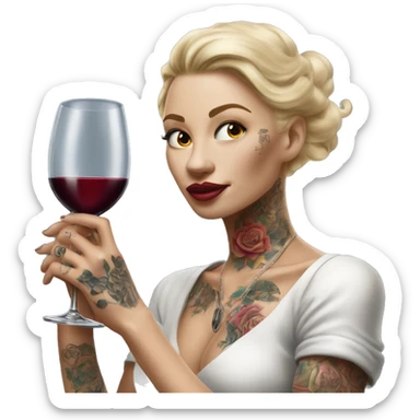 Blonde elegant women, her body covered with tattoos, wine in her one hand, pointing myself with her other hand , Hyper realistic sticker
