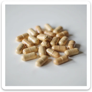 hyperrealistic scattered dietary supplement capsules on isolated white background, 4K details, neutral lighting sticker