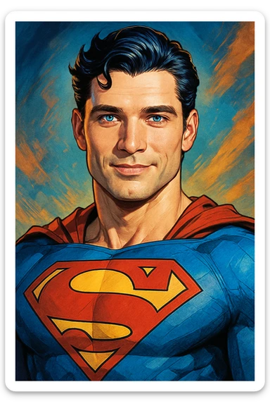 David Corenswet as Superman, close-up portrait, S-shield visible, blue eyes, slight smile, modern comic book style sticker