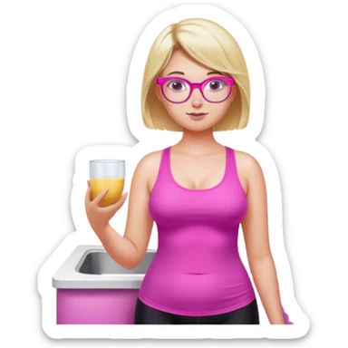 Curvy fair skinned woman, freckled skin, short blond hair, small light purple reading glasses, washing dishes, short flowing sheer hot pink tank top, without undergarments SFW, black yoga pants, thick booty sticker