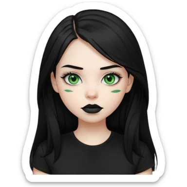 Black haired girl, green eyes, black lipstick, white skin, black t shirt, sharp face, long hair sticker
