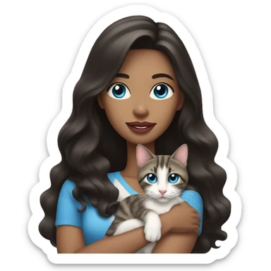 woman with long dark hair, pink lips,and blue eyes holding a tabby cat sticker