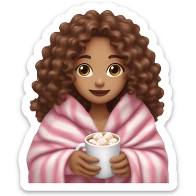 Light skin girl with brown curly hair under our pink blanket,make her look like a young  make it so you can see the curly hairsipping hot cocoa with marshmallows, cuddled around the blanket, long curly hair, long, medium lashes sticker