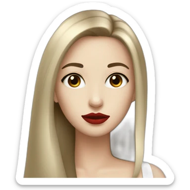 straight long hair,red lipstick,black eyes, white skin and a small nose sticker