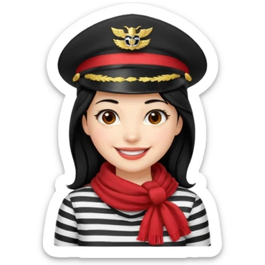 marinera de pelo negro piel blanca con camisa a rayas blanco y negro y pañuelo rojo y gorra de capitana y sonrisa muy alegre sticker