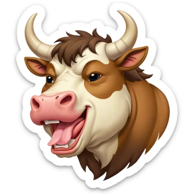 Cinematic Cute Yawning Domestic Bull Portrait Emoji, Head tilted slightly with a dramatic, wide-open yawn, showcasing a robust, muscular frame with a soft, downy coat and subtly drooping horns, round eyes barely open in drowsy contentment, Simplified yet irresistibly adorable features, highly detailed, glowing with a soft, cozy natural glow, high shine, relaxed yet expressive, stylized with a dash of rustic whimsy, soft glowing outline, capturing the essence of a sleepy yet affectionate domestic bull that seems ready to stretch out and settle for a nap! sticker