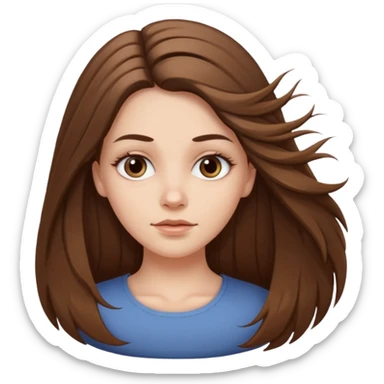 a white girl, face oval not so full, brown long hair, hairstyle: holding half hair back with two medium tall strands of hair on her face, her eyes brown a bit drawn  sticker