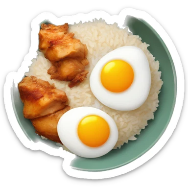 a bowl of rice with two eggs and chicken thigh sticker