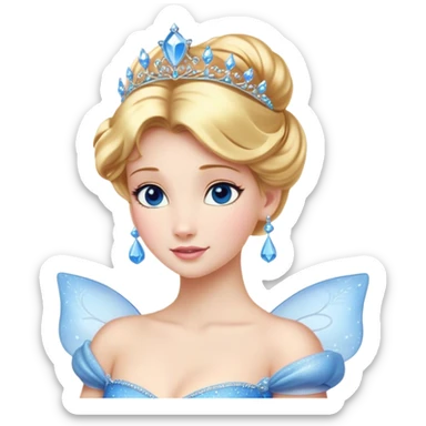 Cinematic Stunning Cinderella Portrait Emoji, Radiant in her sparkling blue ball gown, golden hair in a perfect updo, soft blue eyes full of wonder, glistening tiara, glowing with an ethereal beauty, regal yet kind, a dreamlike aura surrounds her, capturing the essence of a fairy tale princess, elegant and breathtaking! sticker