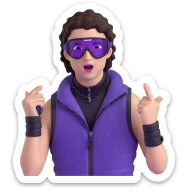 close-up of bad guy male athlete with white skin and moderately curly dark brown hair on top with shaved sides, wearing ski goggles with purple frames and very dark black lenses, a simple plain black chain necklace, and a completely unzipped sleeveless vest with purple and black sequin fire pattern design with no logo, pulling his tongue out very far in an exaggerated mocking gesture, looking menacing and villainous sticker