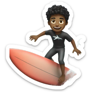 black haired boy portrait riding on a surfboard with a shark in the ocean sticker