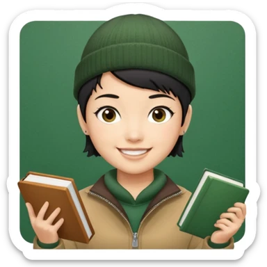 tan skin, non binary asian man with pixie cut black hair, wearing brown jacket and dark green beanie, smiling , holding up books  sticker