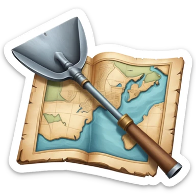 An icon showing a close-up of a shovel, an ancient vessel, and a weathered map, symbolizing archaeology. The design highlights the tools of discovery and the excitement of unearthing historical artifacts. Transparent background emphasizes the focus on the objects. sticker