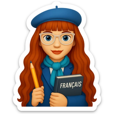 Add straight bangs to her hairstyle, keep her hair very long and wavy, clear-framed glasses, French teacher in a stylish outfit, holding a pencil and a French textbook. The style should resemble emoji style. Remove background. sticker