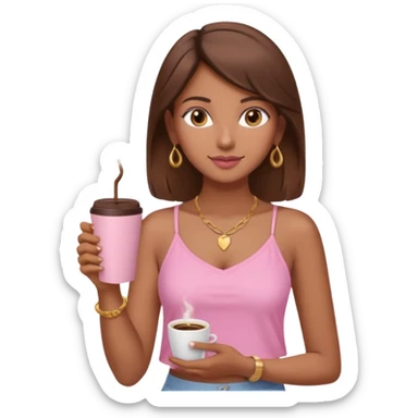 a pretty fair indian bratz girl with brown hair. with a pink cami top, drinking takeaway brown coffee, golden dainty necklace and carrying a white macbook sticker