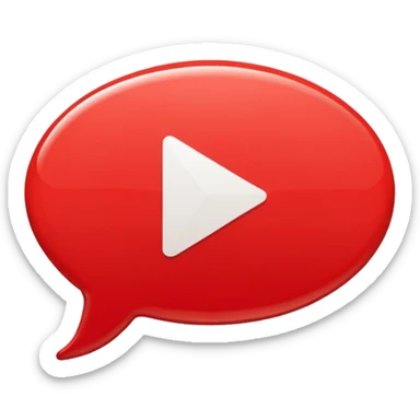 Minimal design featuring a red speech bubble that contains a white play button. On a white background, no text. Suggests intelligent conversation about video content. Clean, modern and tech-oriented sticker