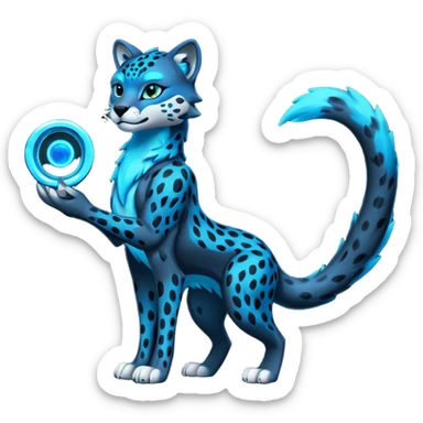 Obsidian-black fur body with bioluminescent neon glowing blue ring-markings Grem2-Gremz-Cheetah-Sergal-fusion, full body  sticker