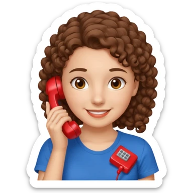 chica con piel blanca sonriendo, ojos marrones y pelo marrón atado con rulos con remera celeste. atendiendo un teléfono rojo sticker