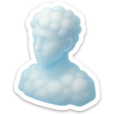 person looking straight, made entirely of white fluffy convex clouds, shoulder up, matte glass style, clouds with light blue glow sticker