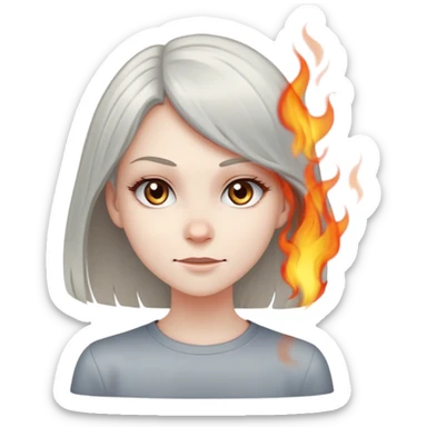 girl with a mischievous smirk standing in the foreground, while small flames or smoke rise in the background. The character has straight hair and a confident expression. sticker