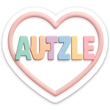 Playful, modern logo: 'AUTZLE' in puzzle-piece letters, each letter a different bright pastel mint, peach, lavender, light blue, soft yellow, pink. The word is inside a smooth, aesthetically pleasing heart shape with soft curves, acting as a gentle frame. The design is clean, vibrant, and supportive, with soft, even lighting, gentle 3D shadows, and a transparent or white background. sticker