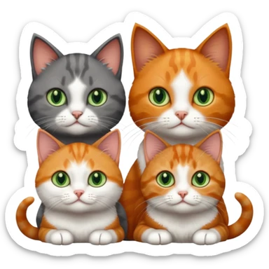 3 tiny different coloured short hair cats including a dark grey and white cat with green eyes, a ginger and white with orange eyes and a brown tabby and white with hazel eyes sticker