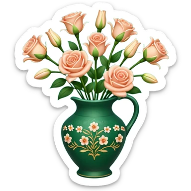 Lilly and Rose’s bouquet and a dark green vase pottery like. give vase small designs  sticker