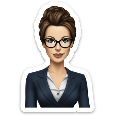 Hyper Realistic Kate Beckinsale dark blue eyes wearing glasses in a business dress drinking coffee happy  sticker