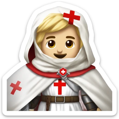 blond haired Masonic knight Templar wearing a white tunic with a Red Cross on the front and a white mantle with a hood with a Red Cross on the left side and a male face with a red cap and holding a sword. sticker