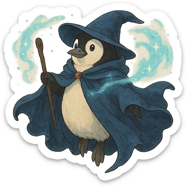 ghibli style penguin wizard with a flowing cloak and magical aura sticker