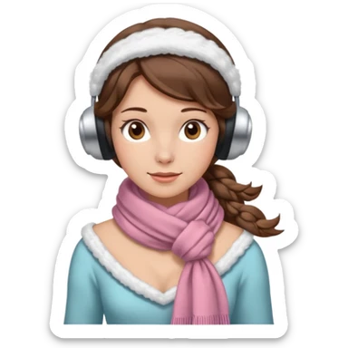 Victorian ice skater in a long dress. She is wearimg a scarf and earmuffs. She has boriwn hair. sticker