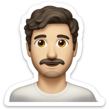 A young Caucasian man with dark brown eyes, almond-shaped eyes, short dark brown hair, and a small dark brown beard with a more prominent mustache. sticker