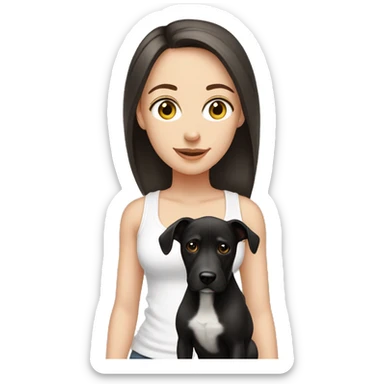 white girl with dark hair in a ponytail wearing a white tank top walking a black dog sticker