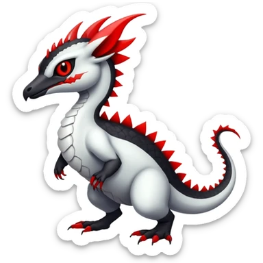a white exotic edgy vernid-fionbr-Fakémon-creature, with black belly and red eyes, full body sticker