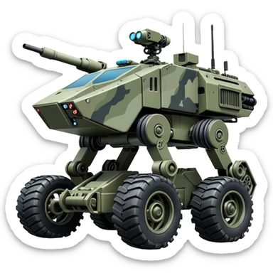 a roomy American 4-wheel armored medical personnel stealth camouflage army massive mech trail vehicle shooting forward side-hill leaning actively articulating hydraulic independent suspended pod gimbal enemy mech off-road racing rover with large fast engine RC basher crawler megatron  sticker