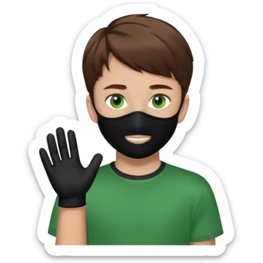 Chico de pelo marrón y ojos verdes. Con un cubre bocas negro, que tiene una camisa verde por encima de una remera blanca, y tiene un guante negro en una sola de las manos. sticker
