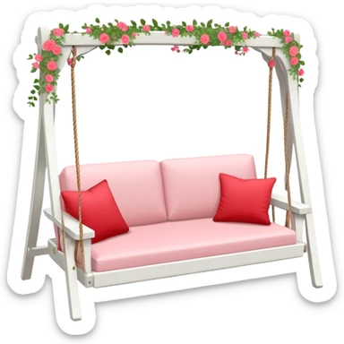 Romantic white wooden pastel-red cushions couch-swing with tiny flowers around sticker